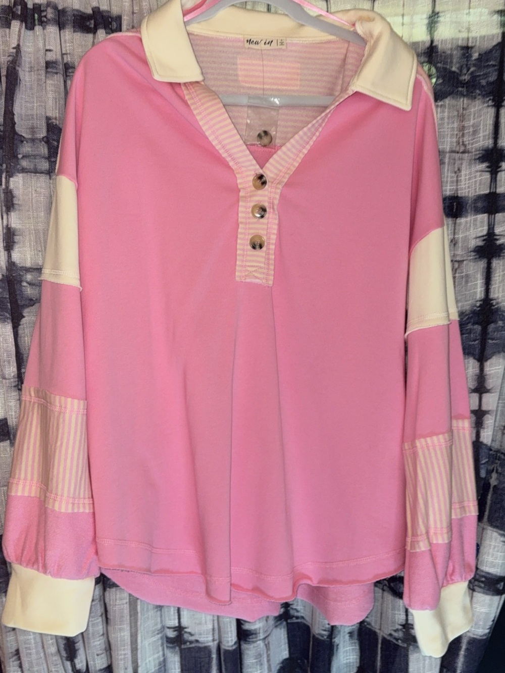 Pink Button-Front Rugby Pullover Top - Picture 4 of 8